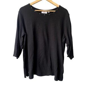 Quacker Factory Embellished Black Size 2X‎ 3/4 Sleeve Scoopneck Top